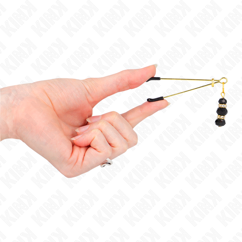 KINK - FIJNE GOUDEN TEPELKLEMMEN MET DRIEVOUDIGE ZWARTE GLAZEN BOL 7 CM
