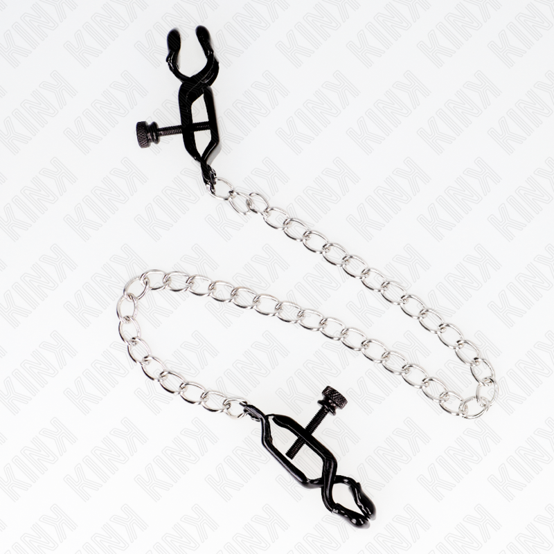 KINK - PLATTE TEPELKLEMMEN ZWART MET ZILVEREN KETTING 30 CM