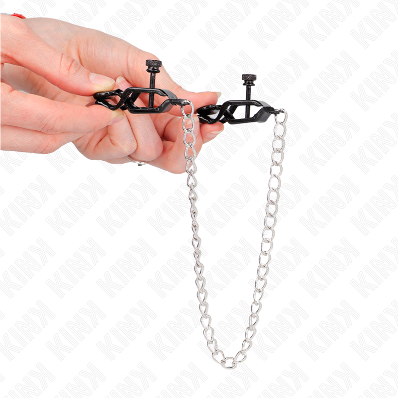 KINK - PLATTE TEPELKLEMMEN ZWART MET ZILVEREN KETTING 30 CM