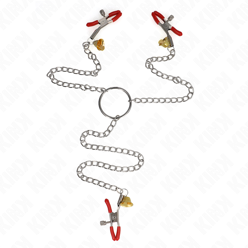 KINK - RODE TEPELKLEMMEN EN CLITORISKLEMMEN MET GOUDEN BEL EN KETTING 30 CM