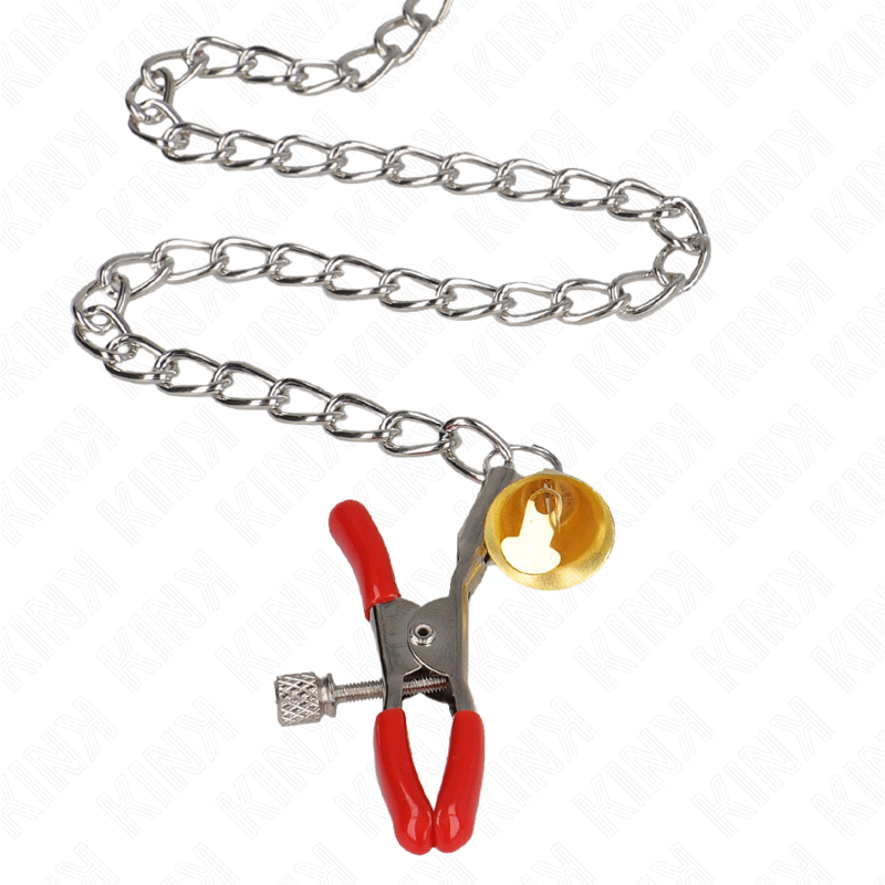 KINK - RODE TEPELKLEMMEN EN CLITORISKLEMMEN MET GOUDEN BEL EN KETTING 30 CM