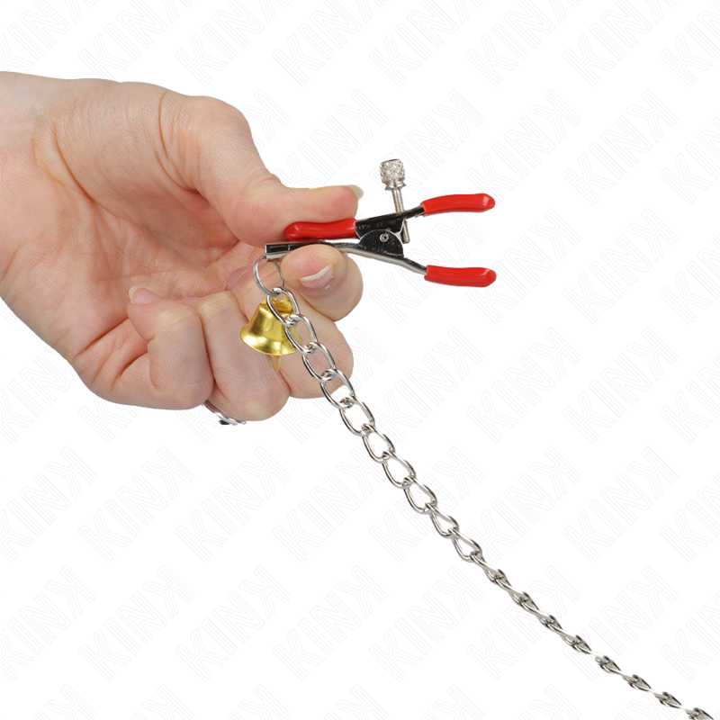 KINK - RODE TEPELKLEMMEN EN CLITORISKLEMMEN MET GOUDEN BEL EN KETTING 30 CM