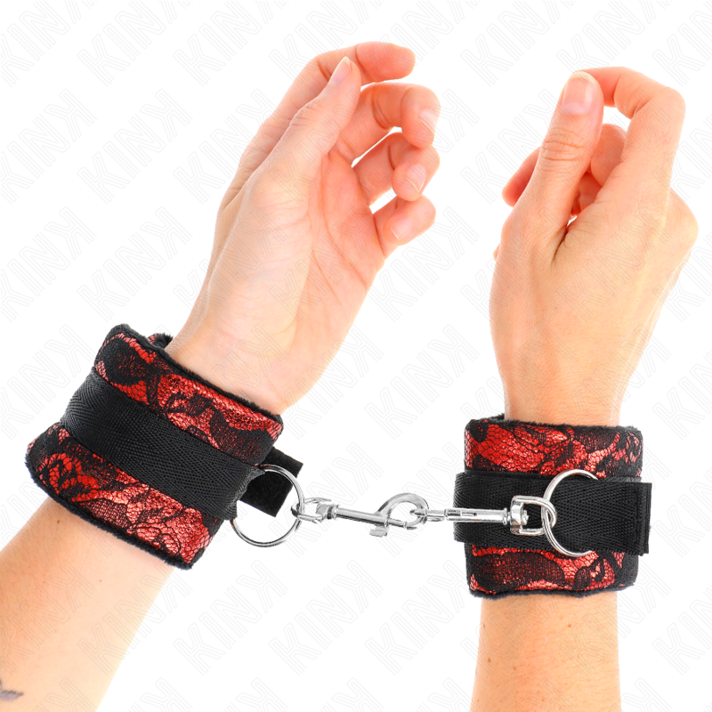 KINK - Korte polsbandjes met fluwelen kant en nylon rand, rood/zwart, 23 x 6,5 cm
