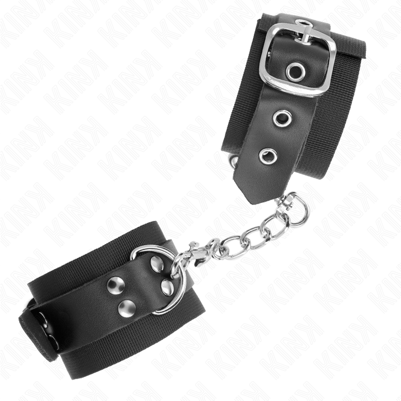 KINK - ZWARTE NYLON POLSBANDJES MET VERSTELBARE ZWARTE LEDEREN BAND 19-29 CM X 5,1 CM