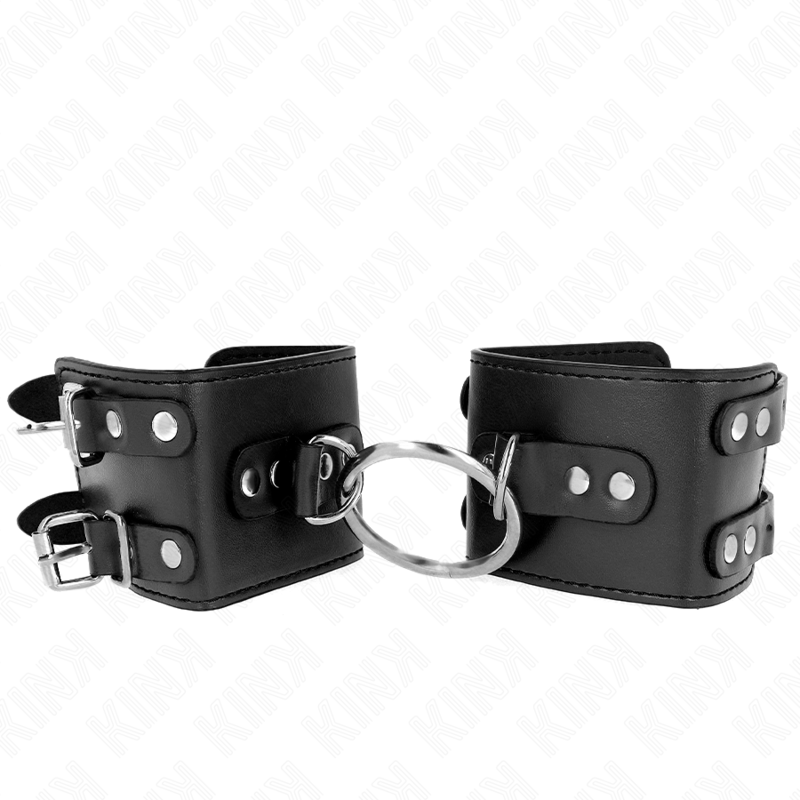 KINK - Vaste polsbandjes met ring en studs, zwart, verstelbaar, 17-22 cm x 6,5 cm