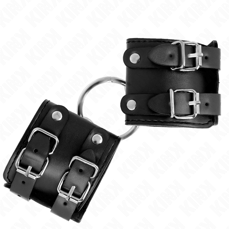 KINK - Vaste polsbandjes met ring en studs, zwart, verstelbaar, 17-22 cm x 6,5 cm
