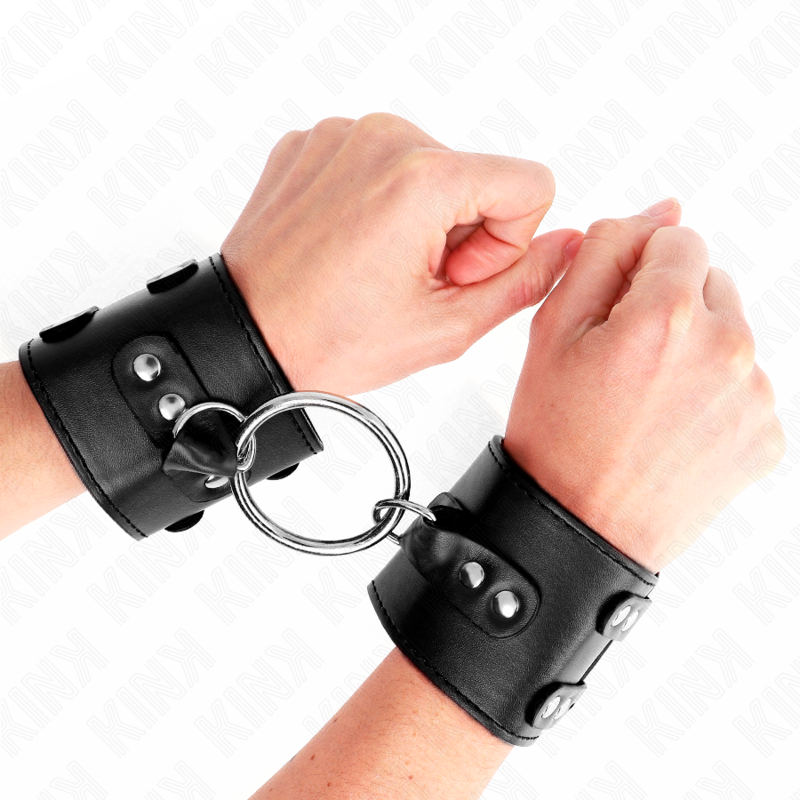 KINK - Vaste polsbandjes met ring en studs, zwart, verstelbaar, 17-22 cm x 6,5 cm