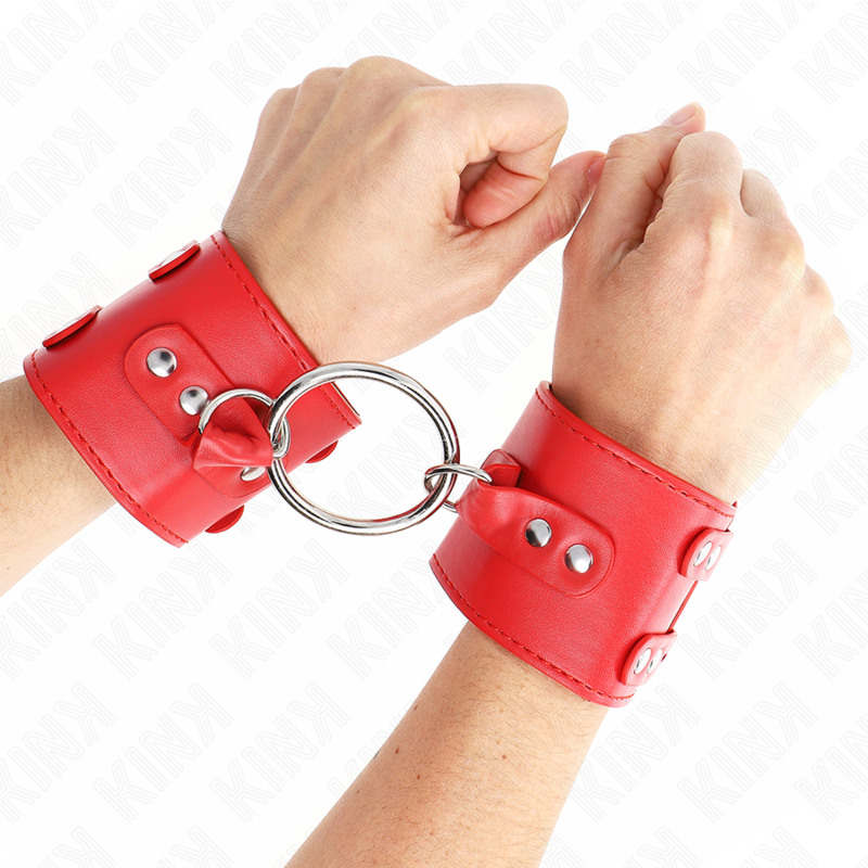 KINK - Vaste polsbandjes met ring en studs, rood, verstelbaar, 17-22 cm x 6,5 cm