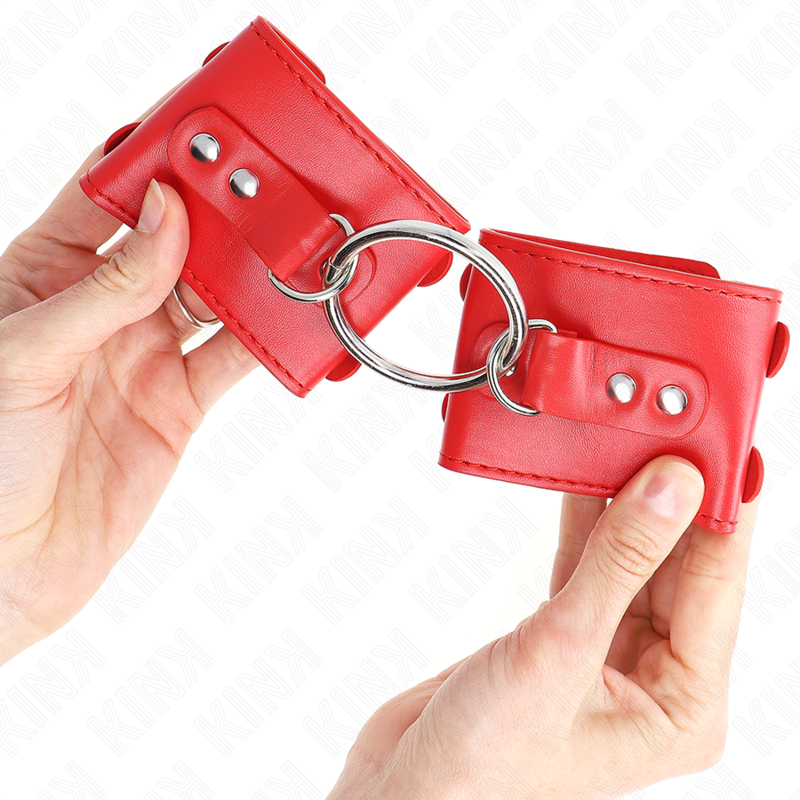 KINK - Vaste polsbandjes met ring en studs, rood, verstelbaar, 17-22 cm x 6,5 cm