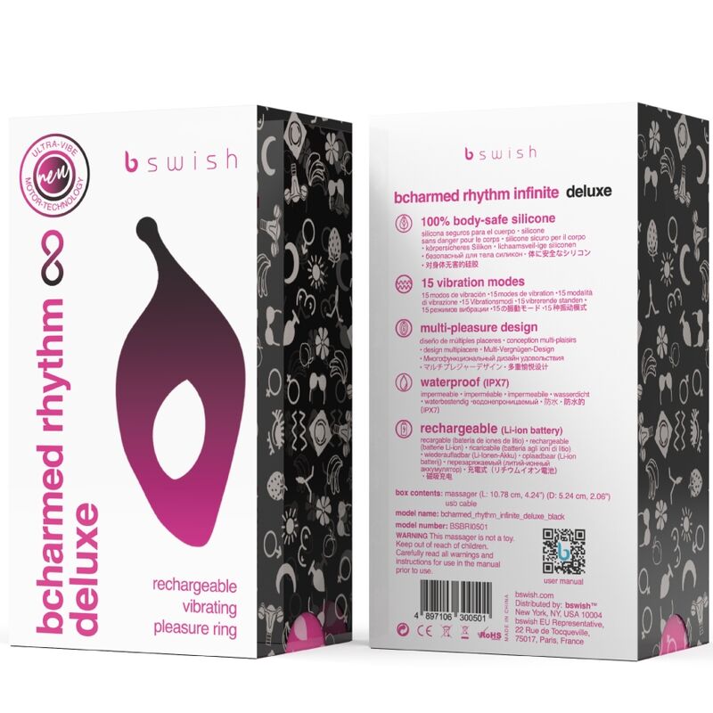 B SWISH - BCHARMED RHYTHM INFINITE DELUXE PENISRING 15 VIBRATIES ZWART