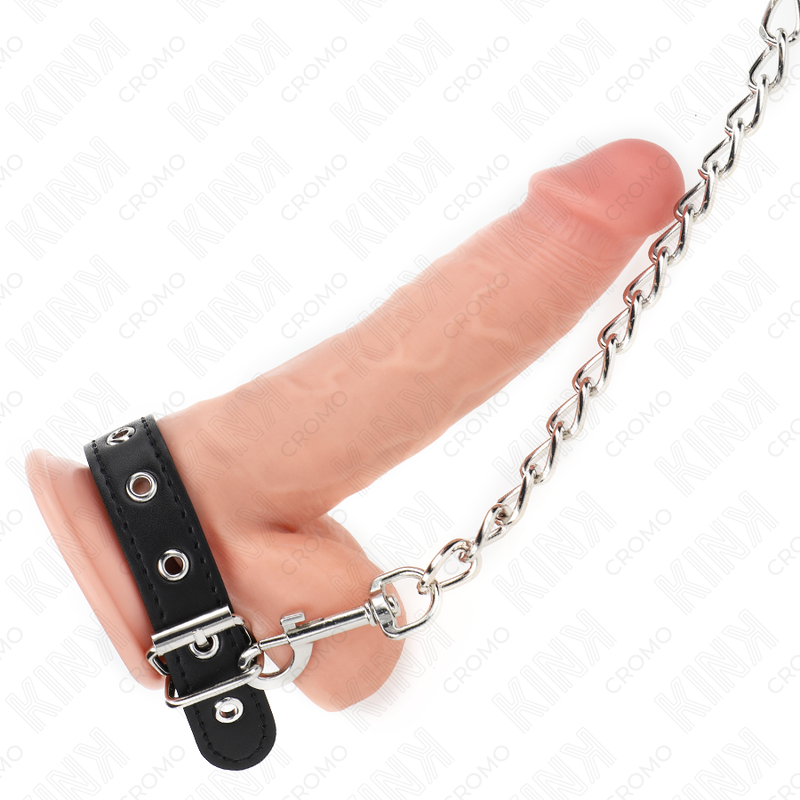 KINK - LEDEREN PENISRING MET BAND 21,5 X 2 CM EN METALEN KETTING 60 CM