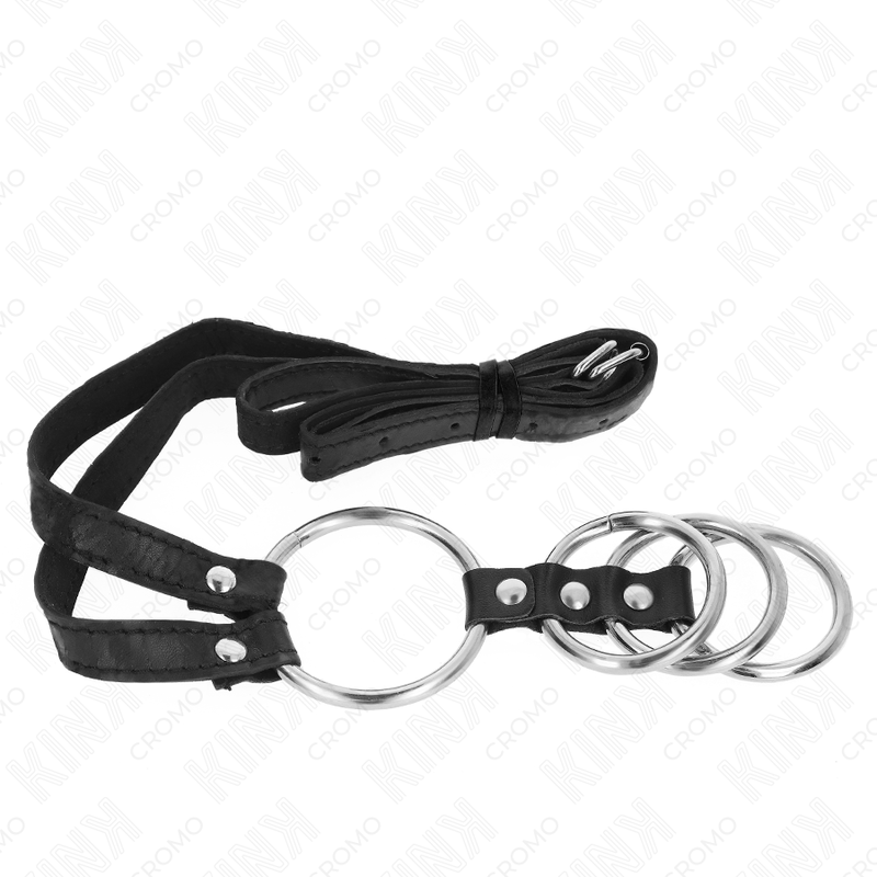 KINK - 4 VERBONDEN METALEN PENIS RINGEN 3,8 CM TOT 5 CM MET 112 CM KUNSTLEDEREN RIEM