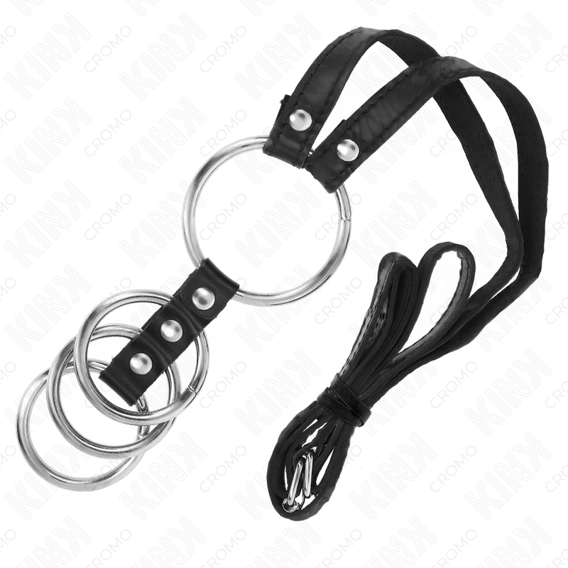 KINK - 4 VERBONDEN METALEN PENIS RINGEN 3,8 CM TOT 5 CM MET 112 CM KUNSTLEDEREN RIEM