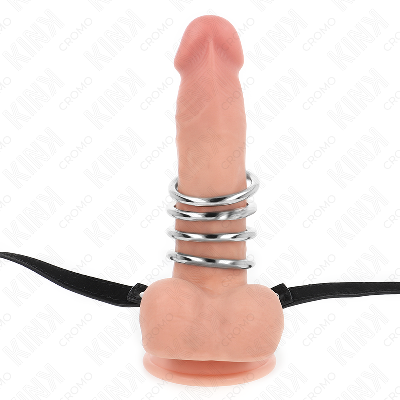 KINK - 5 PENIS RINGEN 3,8 CM TOT 5 CM METAAL MET KUNSTLEDEREN RIEM 112 CM