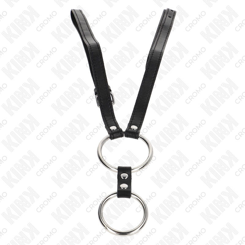 KINK - DUBBELE METALEN PENISRING 3,8 CM TOT 5 CM MET KUNSTLEDEREN RIEM 112 CM