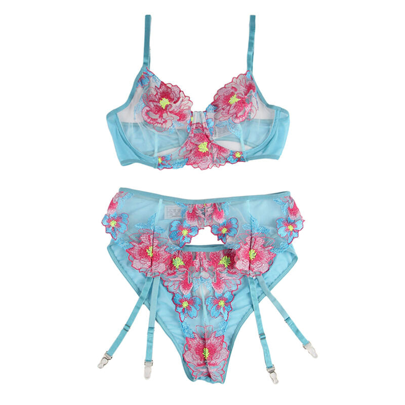 SUBBLIME - 954109 BH + SLIPJE MET KORRELBANDJES BLOEMENDESIGN BLAUW S/M