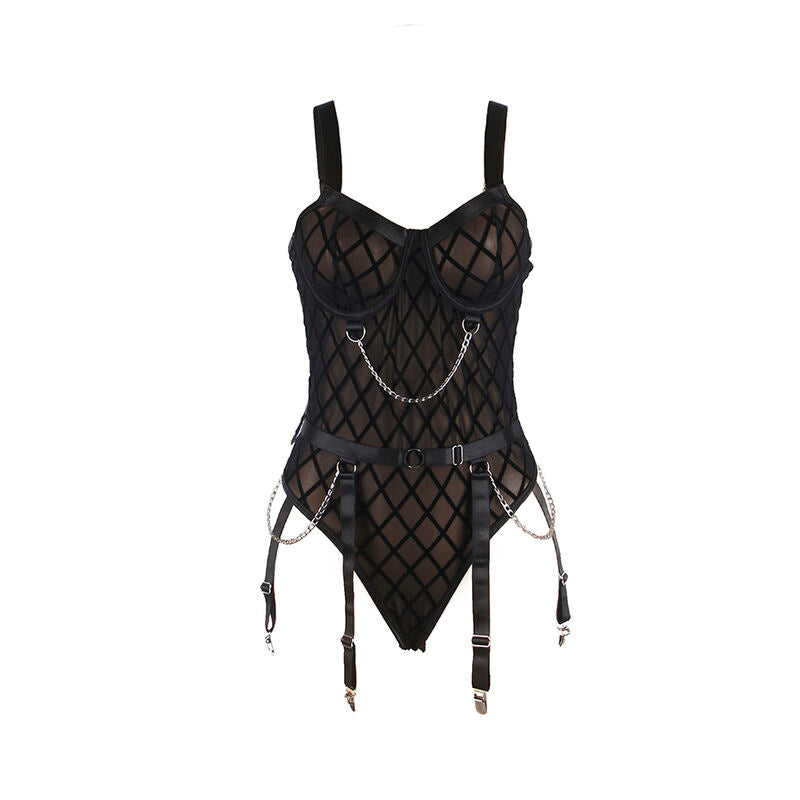 SUBBLIME - 954260 BODYSUIT MET KETTINGEN + KOUSENBANDEN ZWART S/M