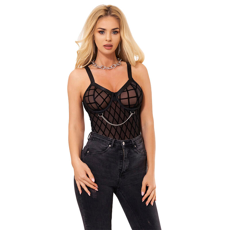 SUBBLIME - 954260 BODYSUIT MET KETTINGEN + KOUSENBANDEN ZWART S/M