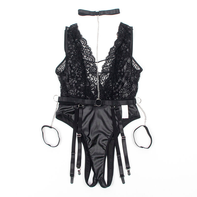 SUBBLIME - 954383 SEXY BODYSUIT MET KOUSENBANDEN ZWART S/M