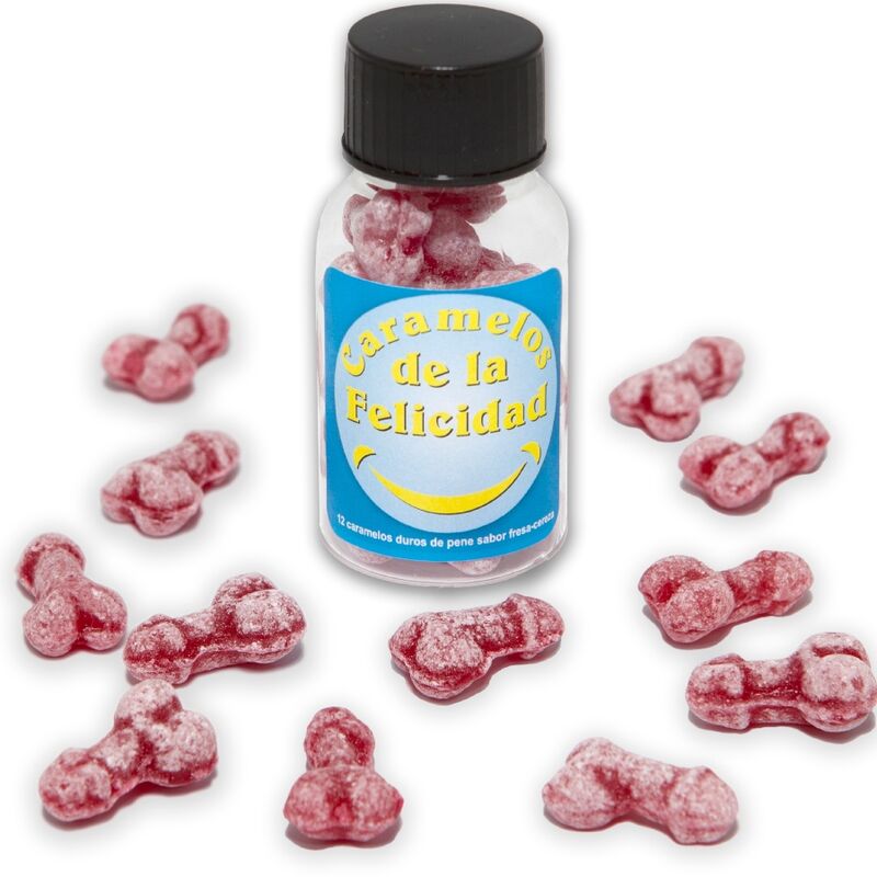Spicy Devil - Pot met 12 vrolijke snoepjes, penisvormig, aardbei/kers