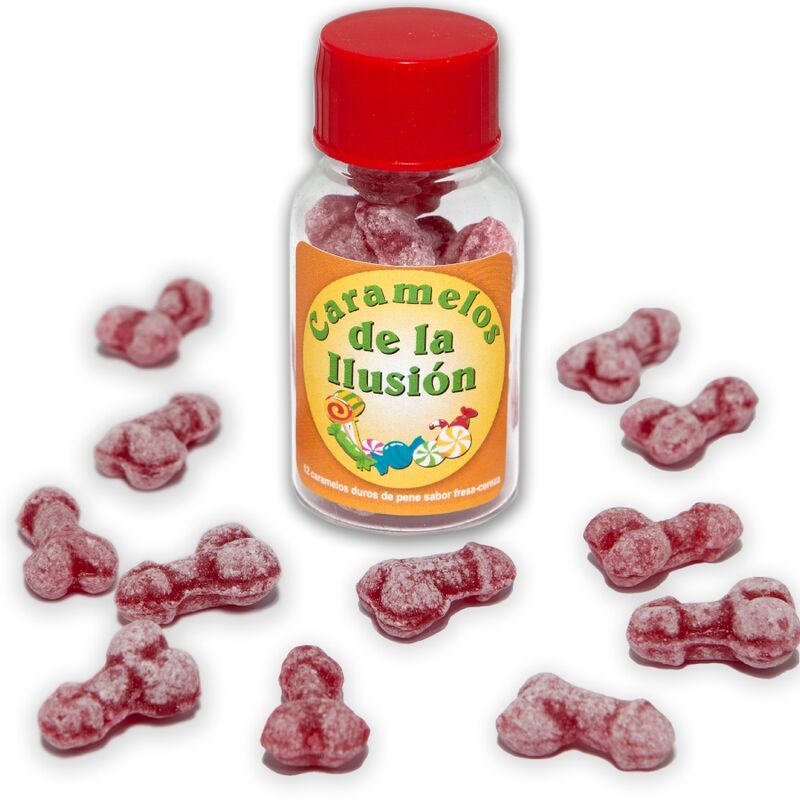 Spicy Devil - 12 Illusie snoepjes, aardbei/kers penisvorm