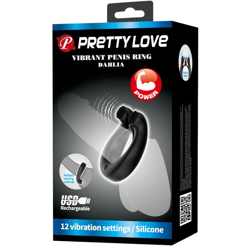 PRETTY LOVE - DAHLIA VIBRATIERING + CLITOIS STIMULATOR 12 VIBRATIES ZWART