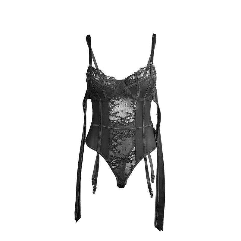 SUBBLIME - 955502 KANTEN BODYSUIT MET STRIKJES EN KOUSENBANDEN ZWART L/XL