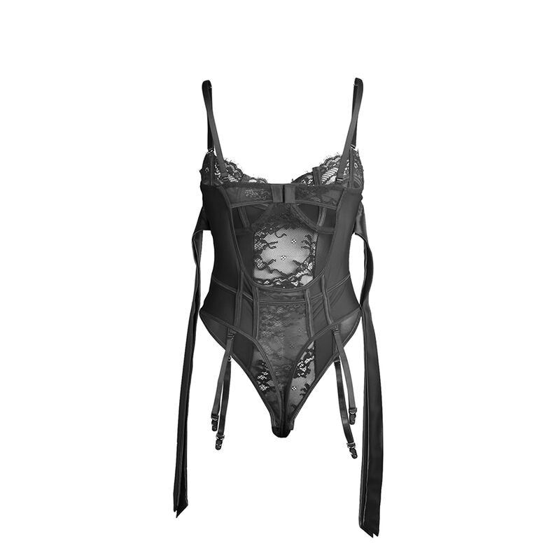 SUBBLIME - 955502 KANTEN BODYSUIT MET STRIKJES EN KOUSENBANDEN ZWART L/XL