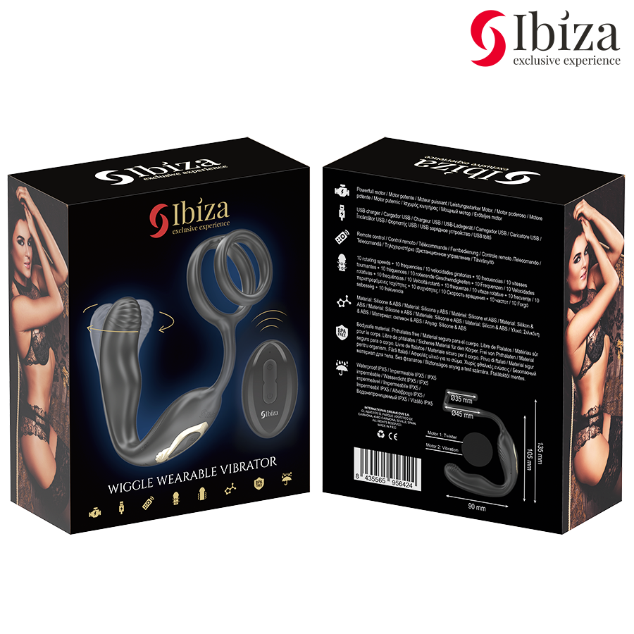 IBIZA - WIGGLE PLUG ANALE ROTATOR MET AFSTANDSBEDIENING MET VIBRO-PERINEUM EN PENISVERGROTENDE RINGEN