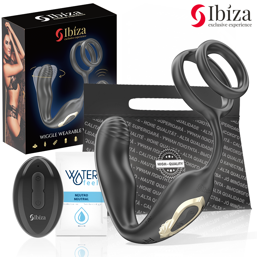 IBIZA - WIGGLE PLUG ANALE ROTATOR MET AFSTANDSBEDIENING MET VIBRO-PERINEUM EN PENISVERGROTENDE RINGEN