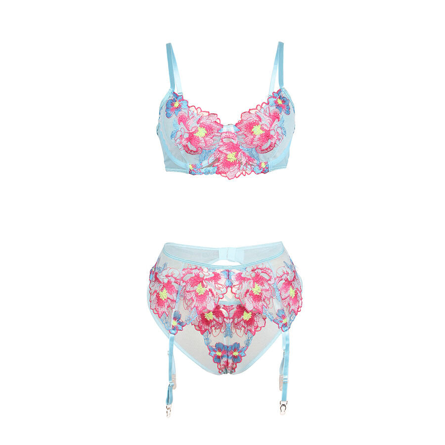 SUBBLIME - 957643 BH- EN KOUSENBANDENSET MET ROZE BLOEMBORDUURSEL S/M