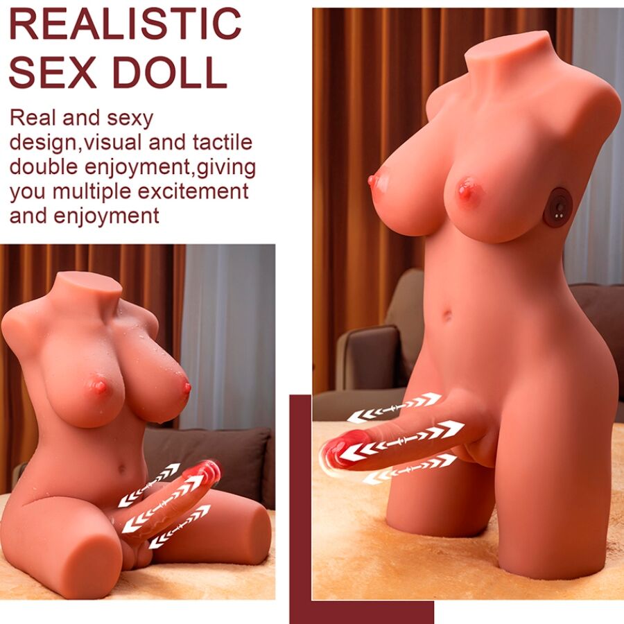 XISE - MIAH LADY BOY VROUWELIJKE TORSO MET VIBRERENDE EN STUWENDE DILDO 55 CM