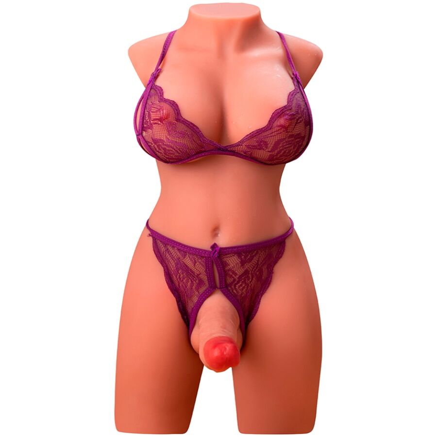 XISE - MIAH LADY BOY VROUWELIJKE TORSO MET VIBRERENDE EN STUWENDE DILDO 55 CM