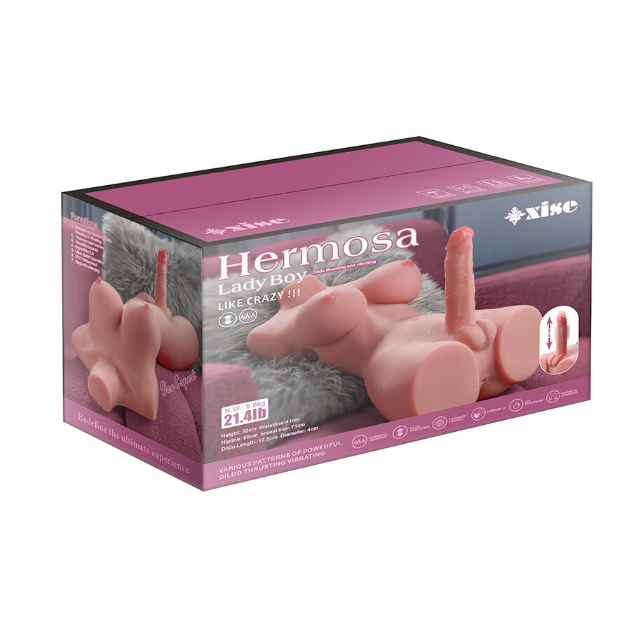 XISE - MOOIE LADY BOY VROUWELIJKE TORSO MET VIBRERENDE EN STUWENDE DILDO 49 CM