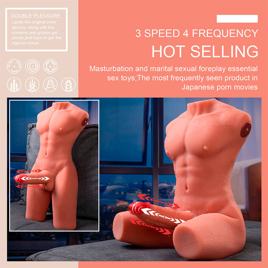 XISE - JASON HALF BODY REALISTISCHE MANNELIJKE TORSO MET STOOT EN VIBRATIE 55 CM