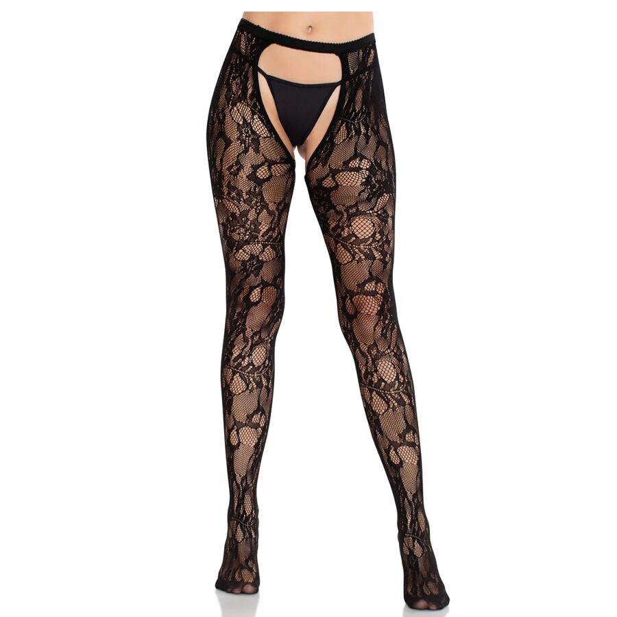 LEG AVENUE - ROZEN KANTEN KOUSEN MET OPEN RUG ZWART