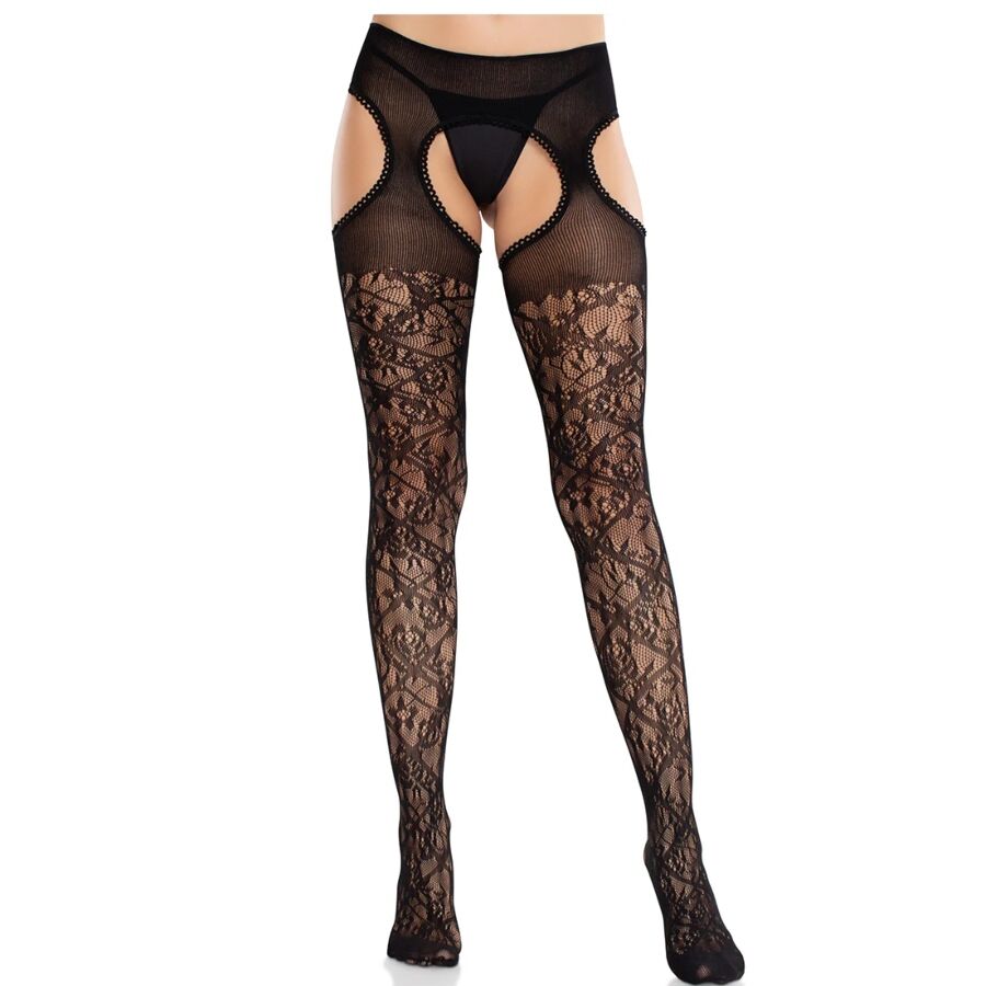 LEG AVENUE - KANTEN KOUSEN MET BLOEMEN EN AANGEHECHTENDE KOUSENBANDEN ZWART