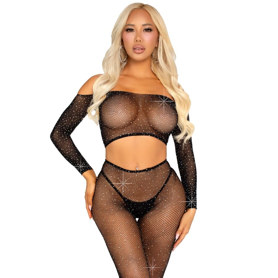 LEG AVENUE - ZWARTE STRASS MESH CROP TOP EN LEGGING