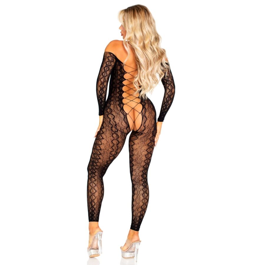 LEG AVENUE - ZWARTE EXOTISCHE SLANGENKANTEN BODYSTOCKING MET OPEN KRUIS