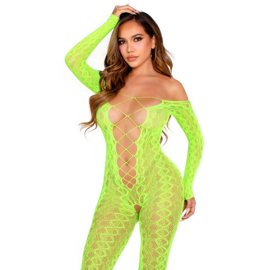 LEG AVENUE - NEONGROENE EXOTISCHE SLANGENKANTEN BODYSTOCKING MET OPEN KRUIS