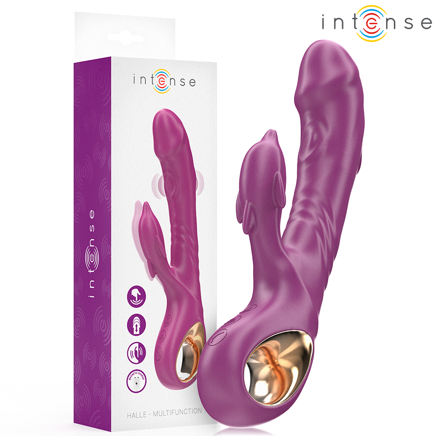 INTENSE - HALLE MULTIFUNCTIONELE VIBRATOR MET STIMULERENDE TONG IN DE VORM VAN EEN PAARSE DOLFIJN