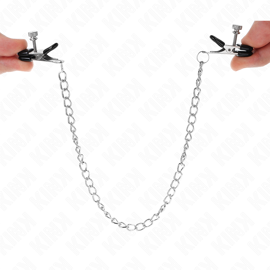 KINK - PLATTE TEPELKLEMMEN ZWART MET ZILVEREN KETTING 34 CM