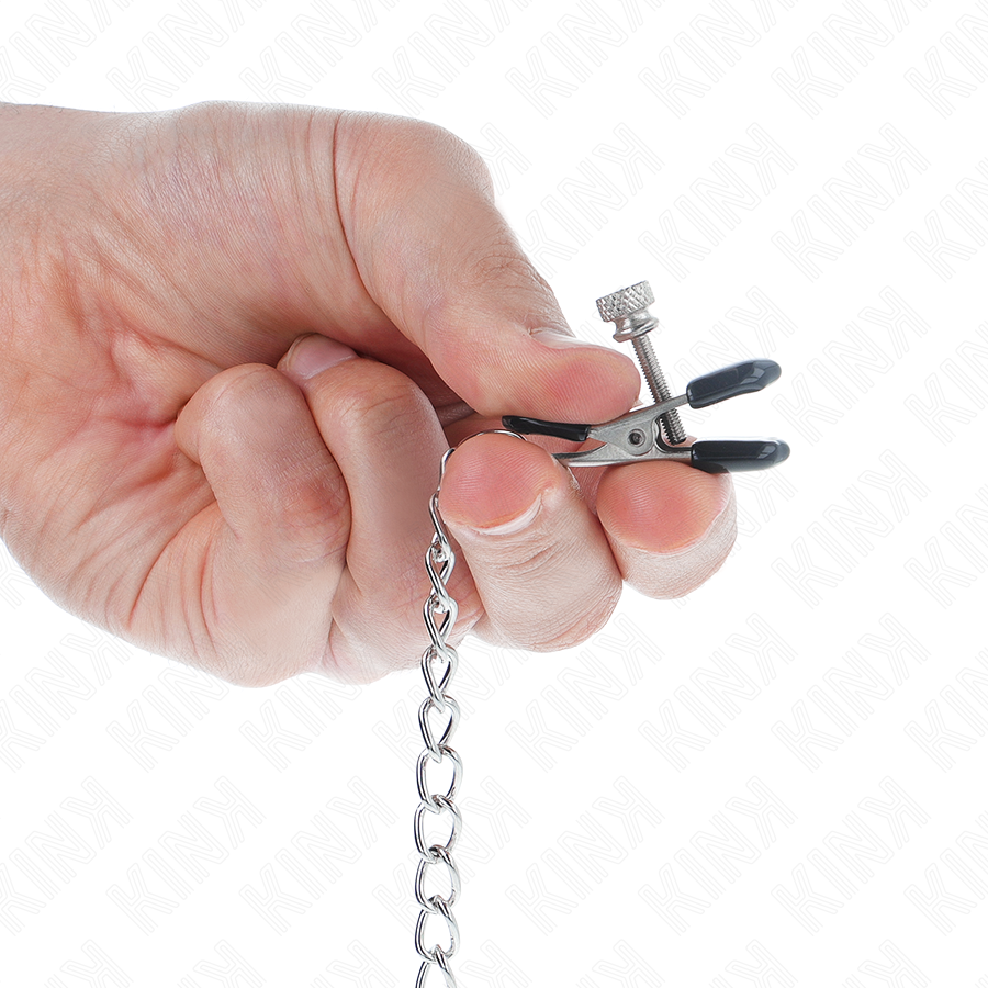 KINK - PLATTE TEPELKLEMMEN ZWART MET ZILVEREN KETTING 34 CM