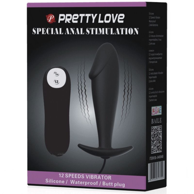 PRETTY LOVE - SILICONEN ANAAL PLUG PENISVORM MET 12 VIBRATIESTANDEN ZWART